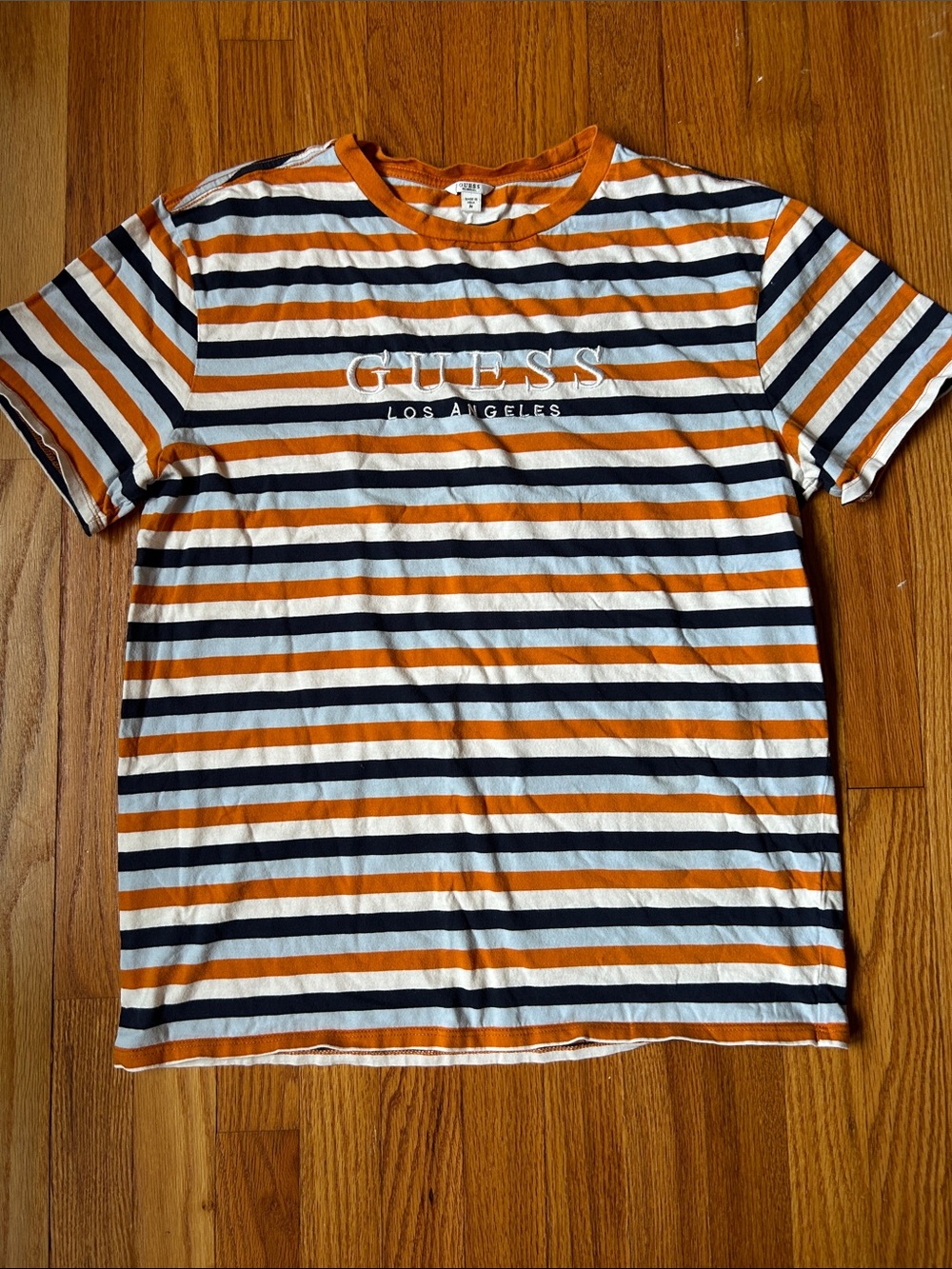 Guess Los Angeles Men Orange, White & Navy Striped Logo Short Sleeve Tee